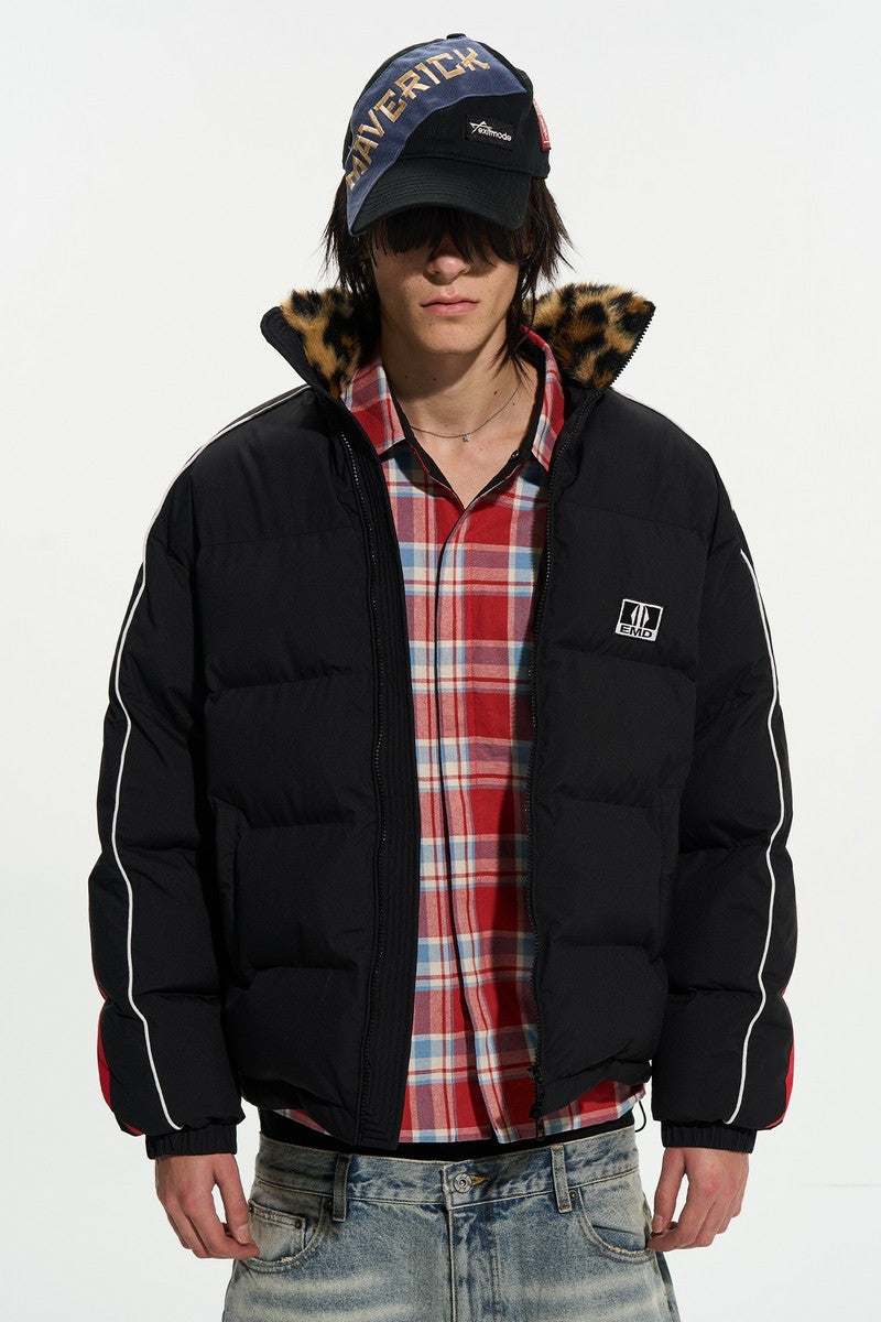 Colorblock Fur Collar Puffer Jacket