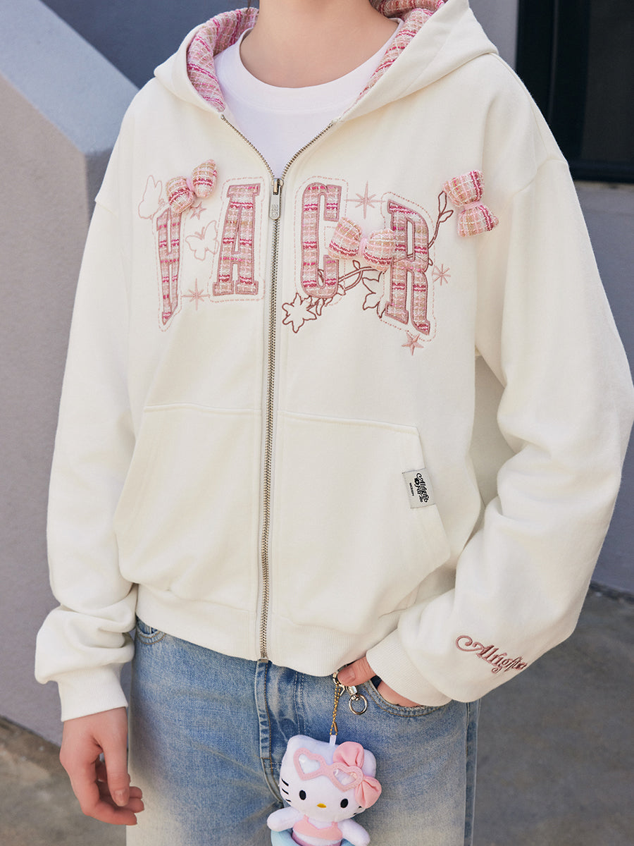 Embroidered Plaid Zip Hoodie