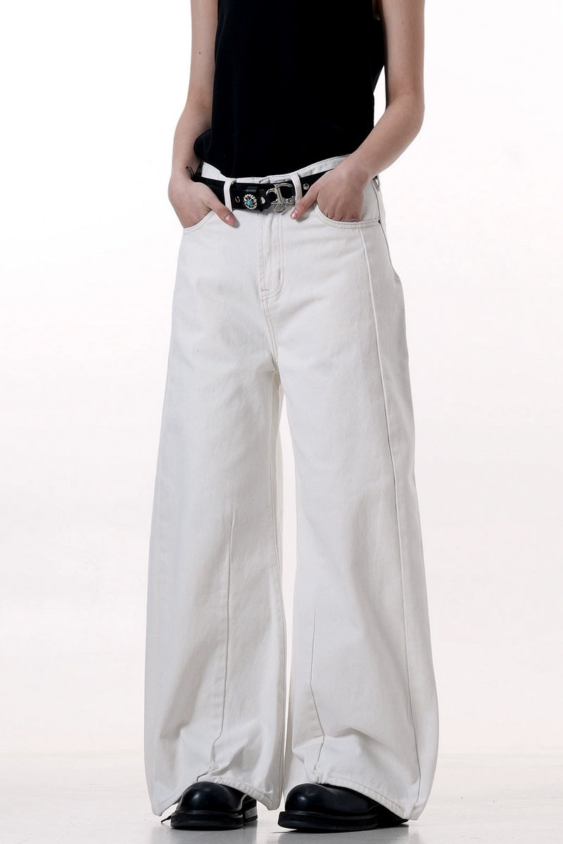 White Patchwork Wide-Leg Jeans