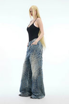 Ruched Wide-Leg Washed Denim Jeans