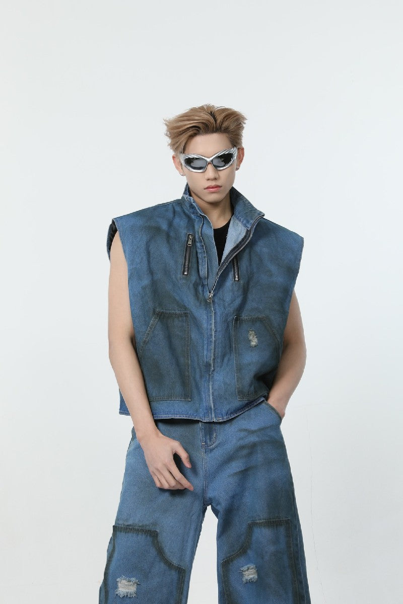 ￼ Eco Bio Washed Denim Jumper Vest WillaDenimVestIndigoBackView_1