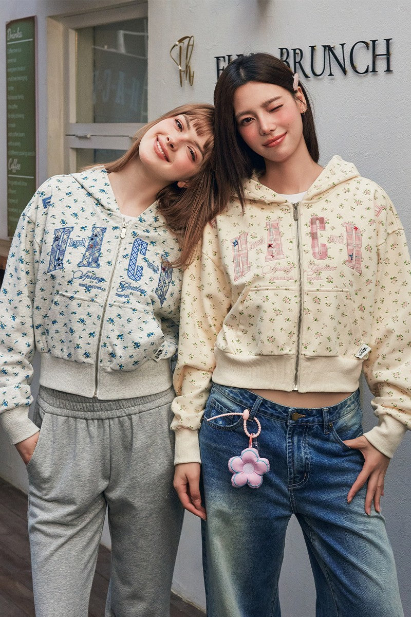 Floral Embroidery Zip Up Hoodie