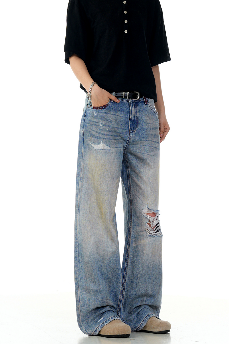 Ripped Straight Wide Jeans