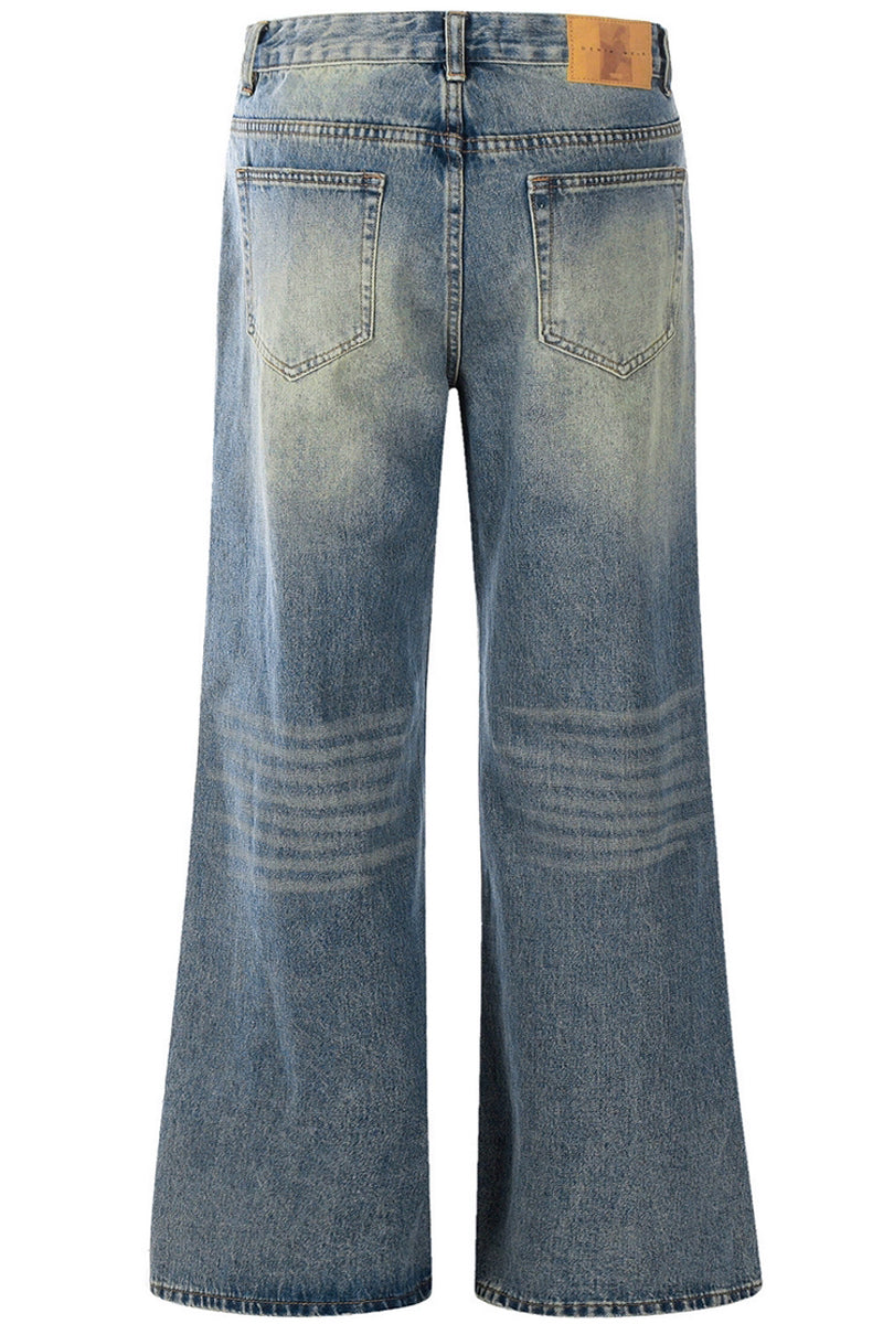 Whiskered Washed Straight Jeans