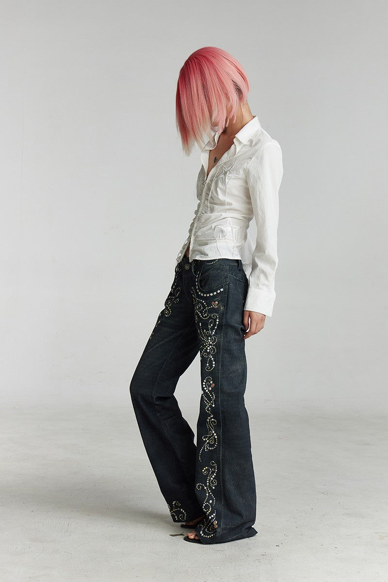 Vintage Gem Print Flared Jeans