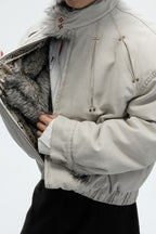 Washed Canvas Faux Wolf Fur Puffer
