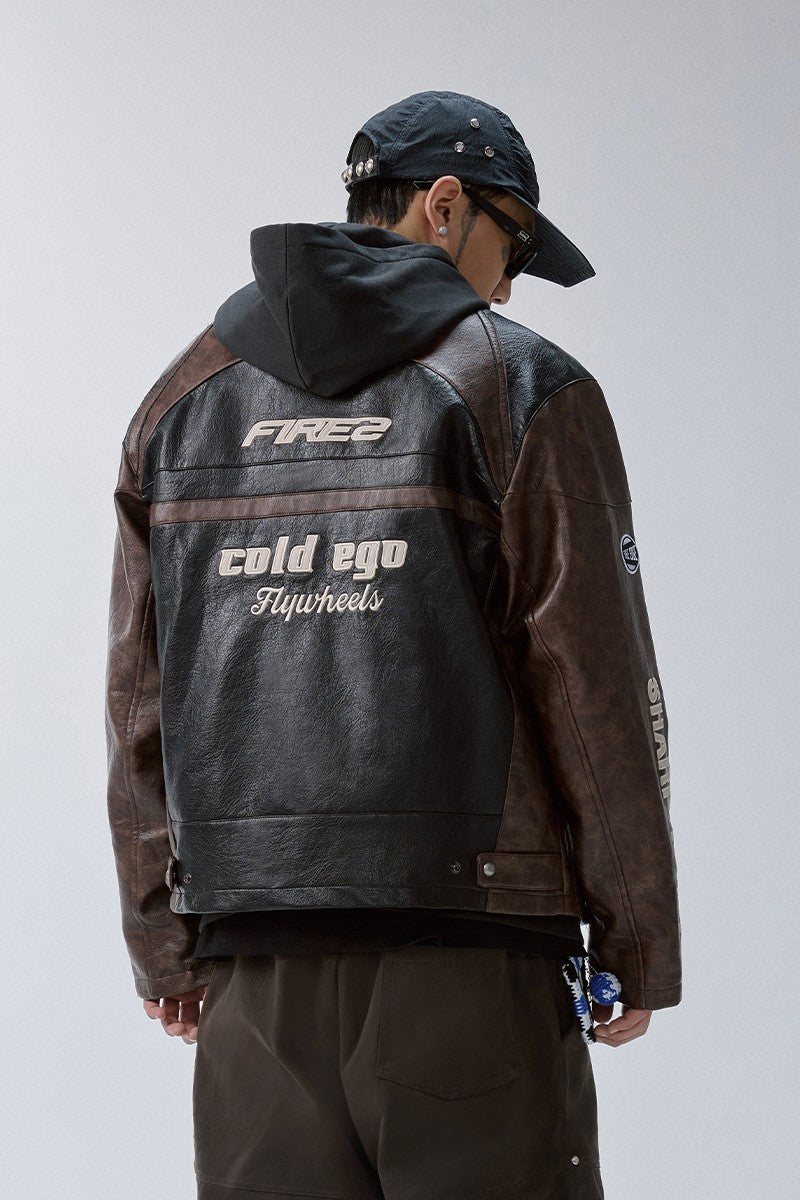 Embroidered Colorblock Moto Jacket