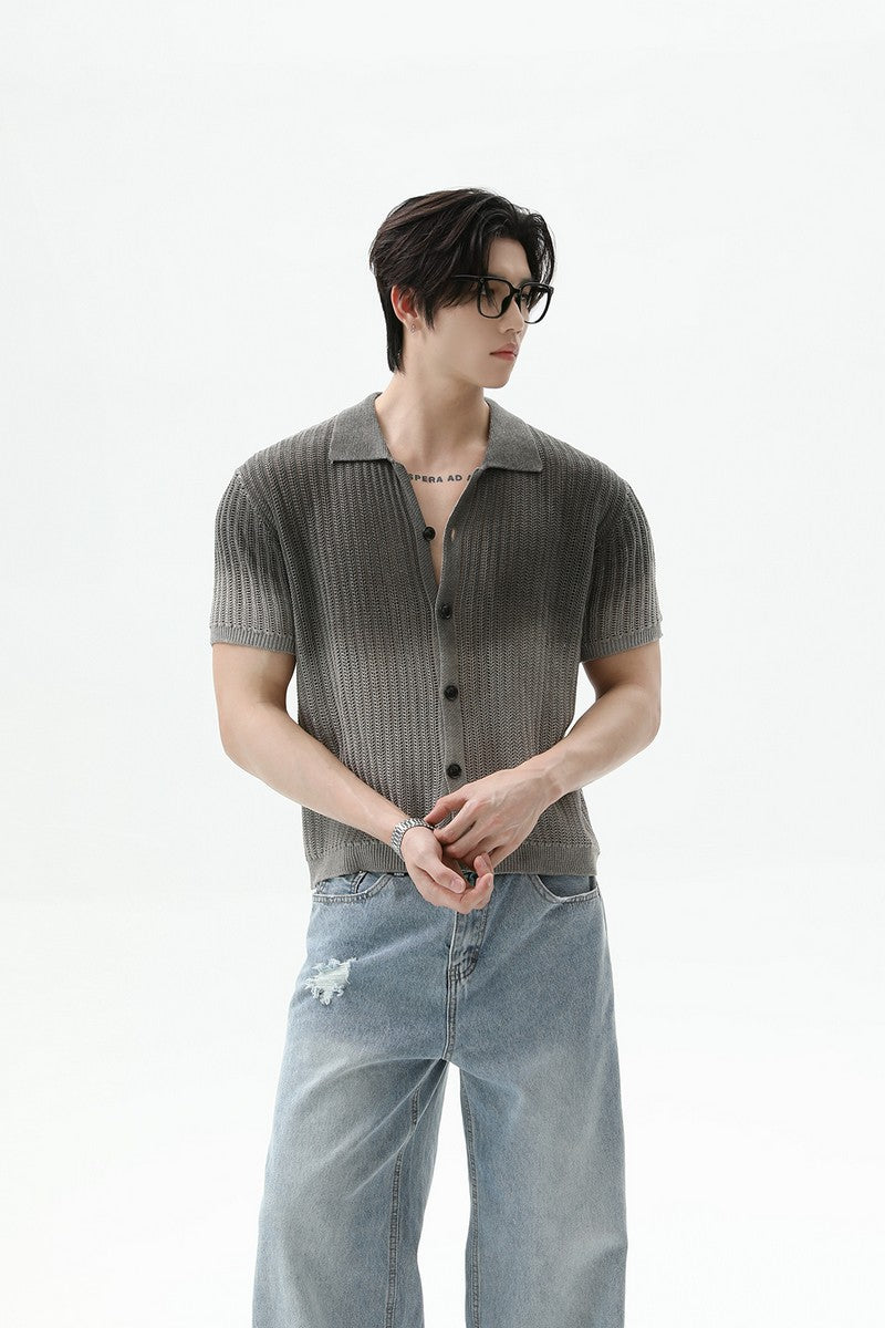 Ombre Wool Knit Polo Cardigan