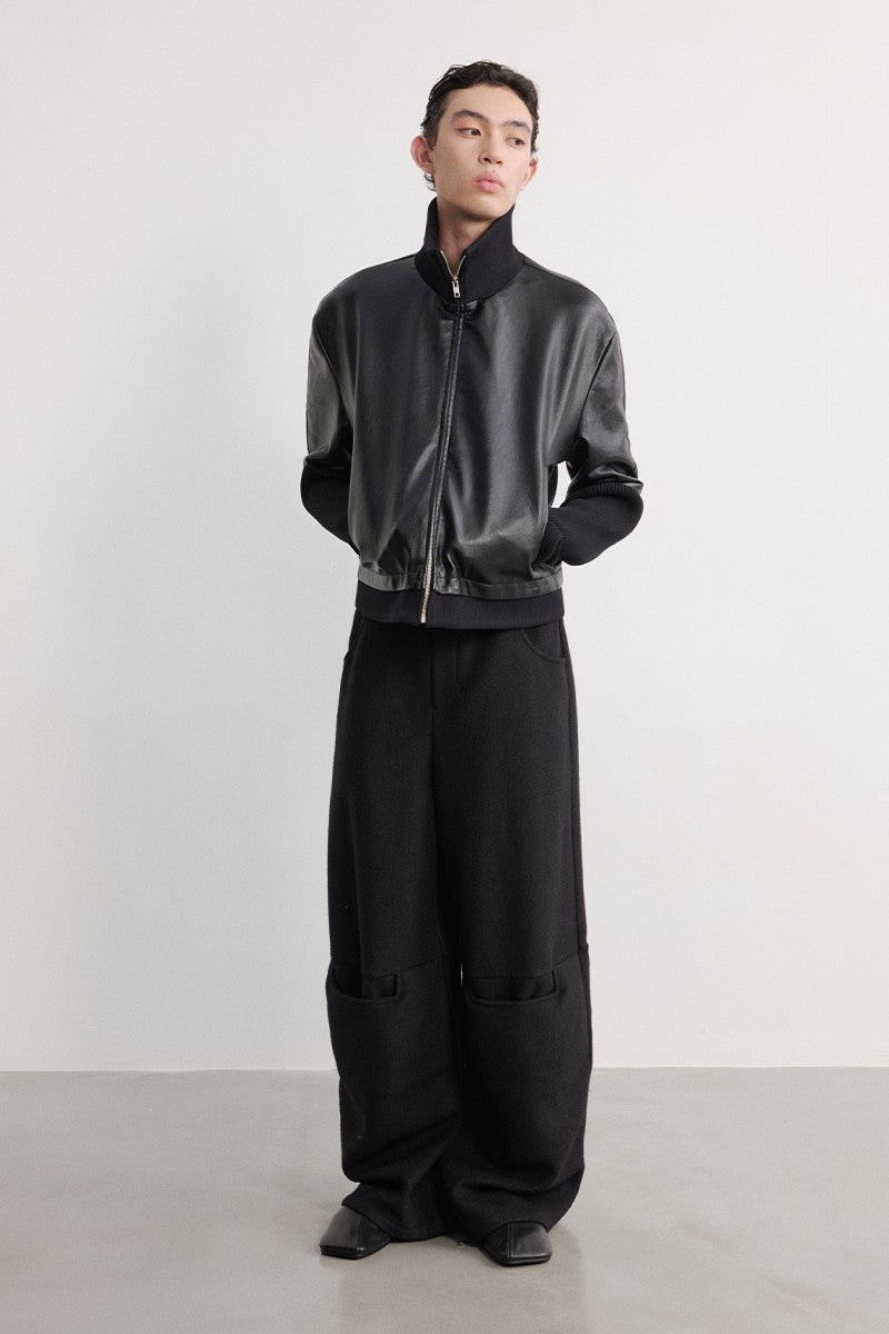 Ribbed Cuff Textured Leather Jacket