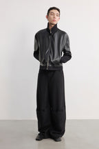 Ribbed Cuff Textured Leather Jacket