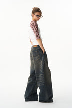 Washed Pleated Baggy Jeans
