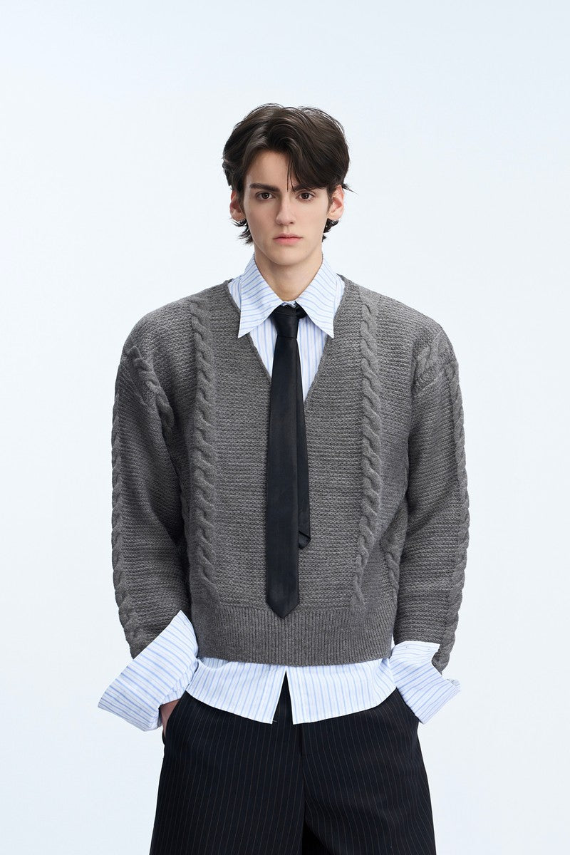Layered V-Neck Cable Knit Sweater