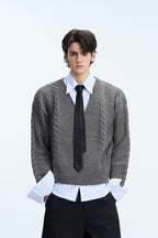 Layered V-Neck Cable Knit Sweater