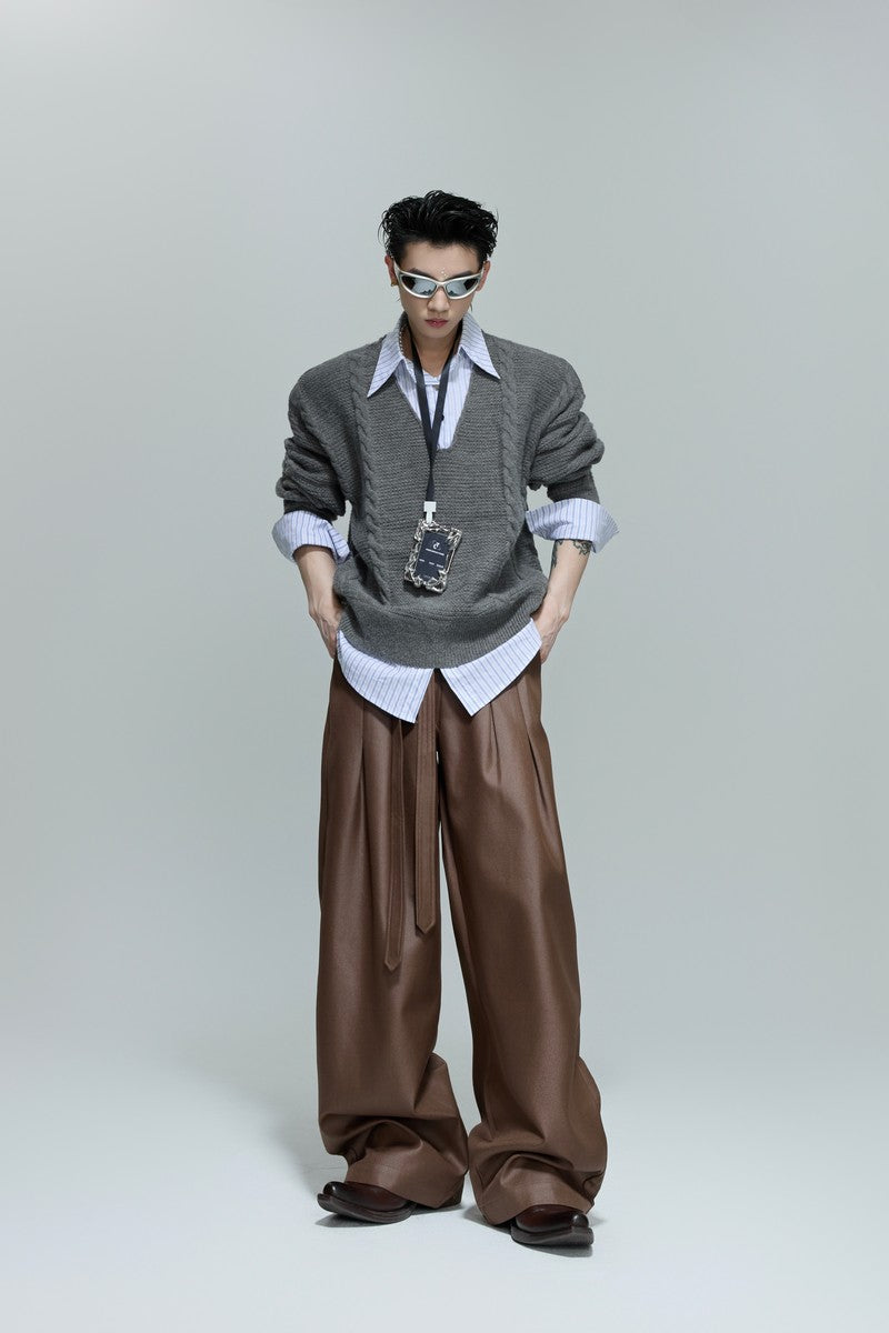 Layered V-Neck Cable Knit Sweater