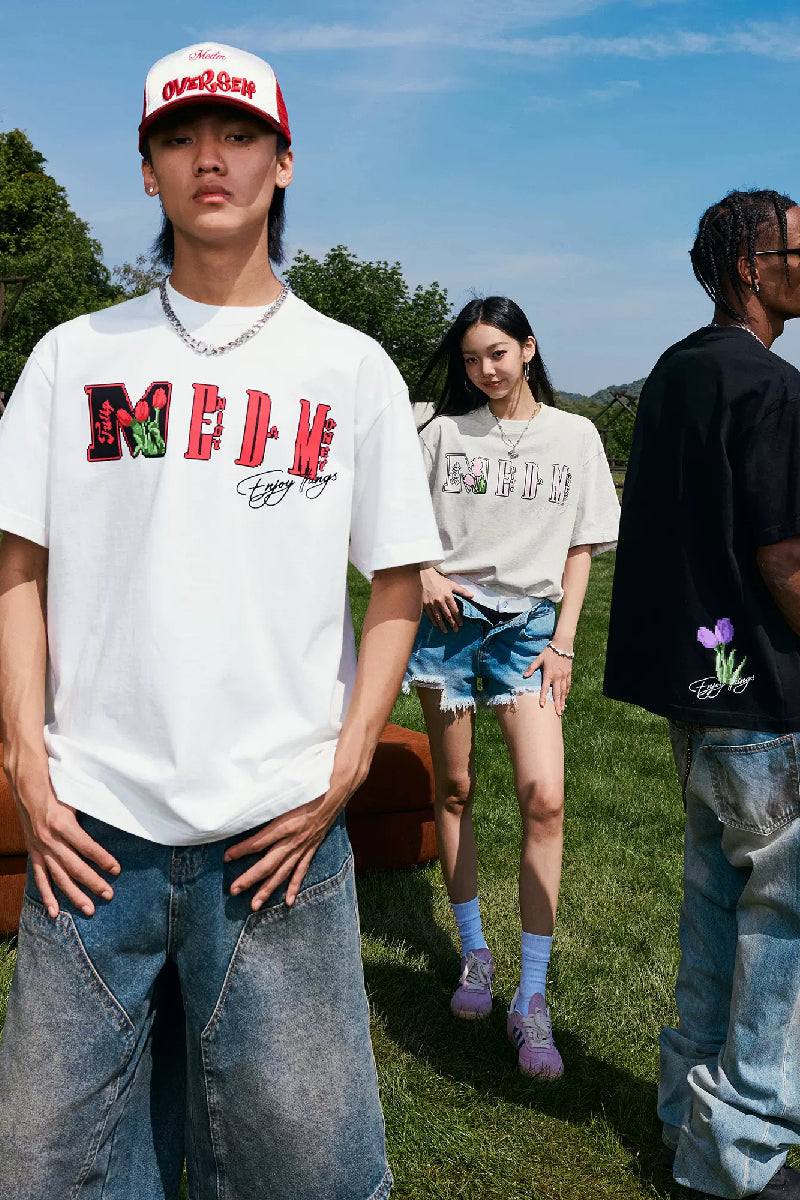 『Copping Zone』Floral Patchwork Embroidered Loose Tee Patchwork Floral Embroidery T-Shirt – Copping Zone