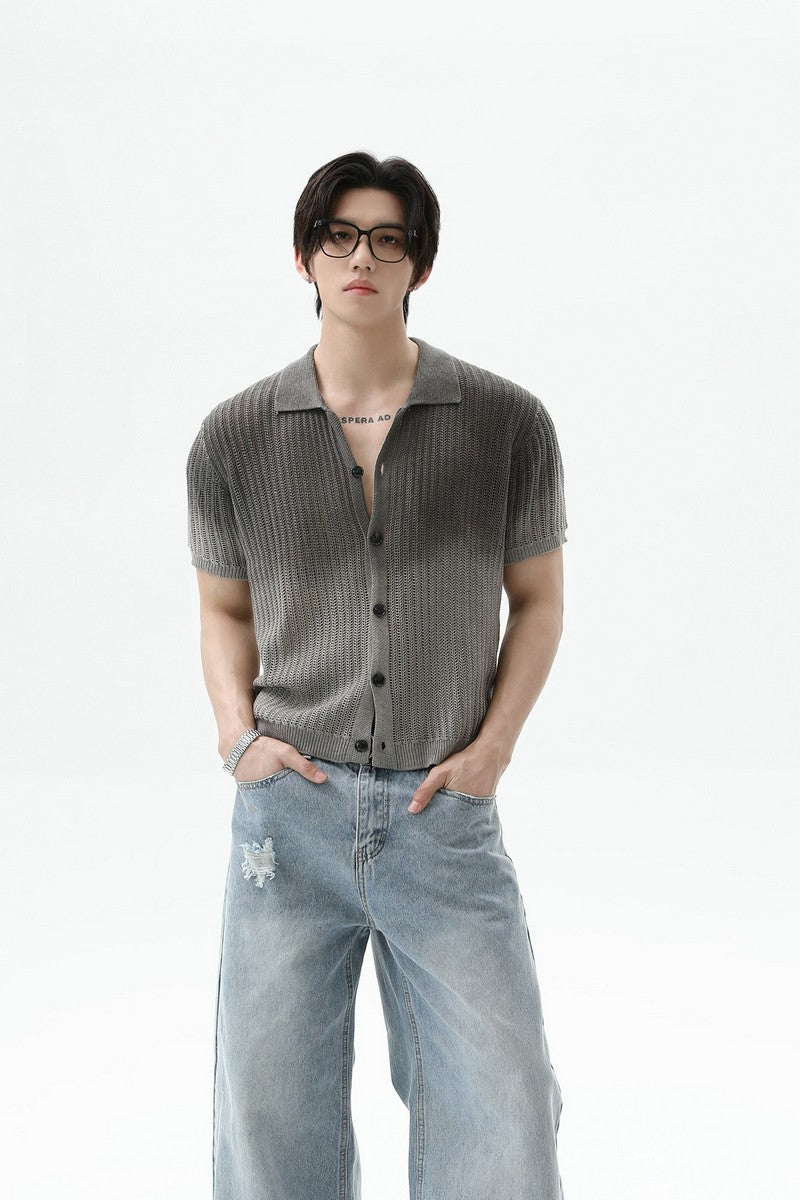 Ombre Wool Knit Polo Cardigan