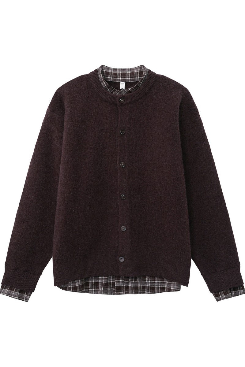 Layered Look Plaid Knit Cardigan