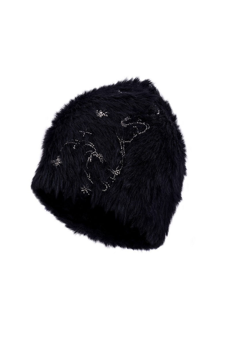 Embroidered Faux Mink Knit Beanie