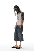 Distressed Pleated Denim Shorts