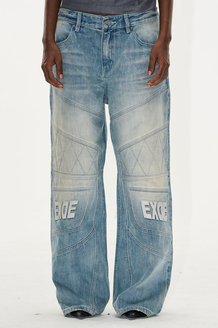 Washed Blue Biker Patchwork Embroidered Pants