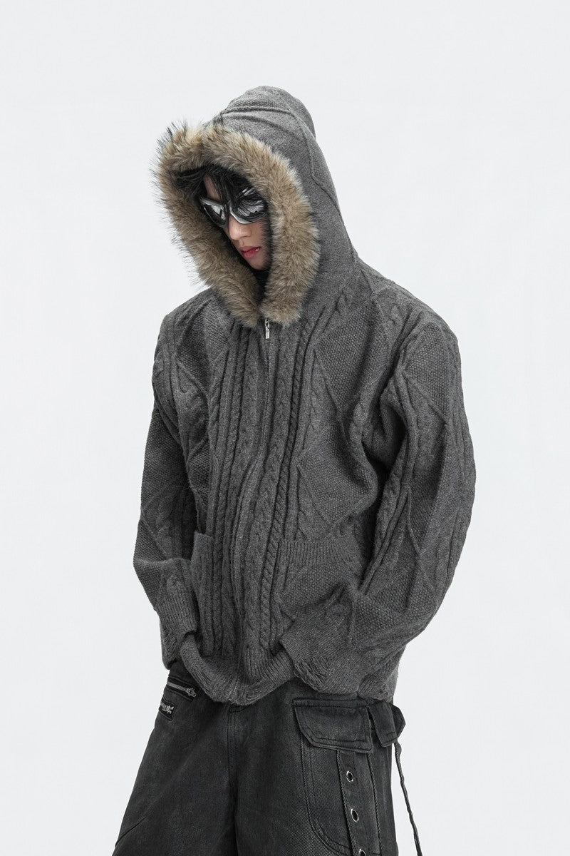 Faux Fur Knit Zip-Up Hoodie