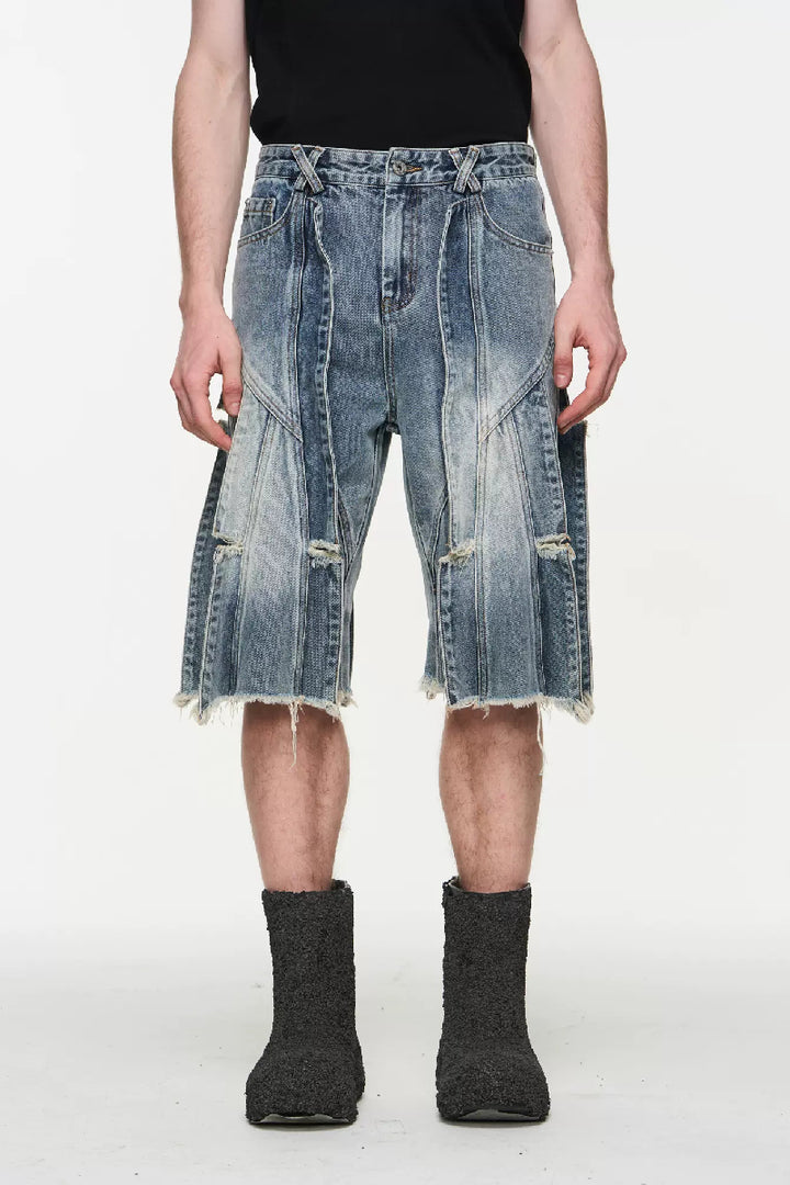 Distressed Crosshatch Washed Denim Shorts