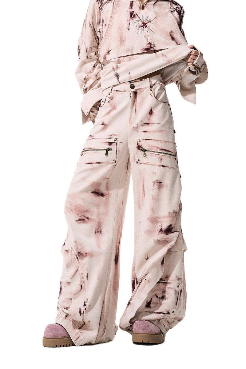 Suede Graffiti Wide Leg Cargo Pants