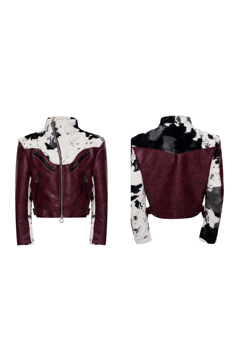 Cow Print Faux Fur Biker Jacket
