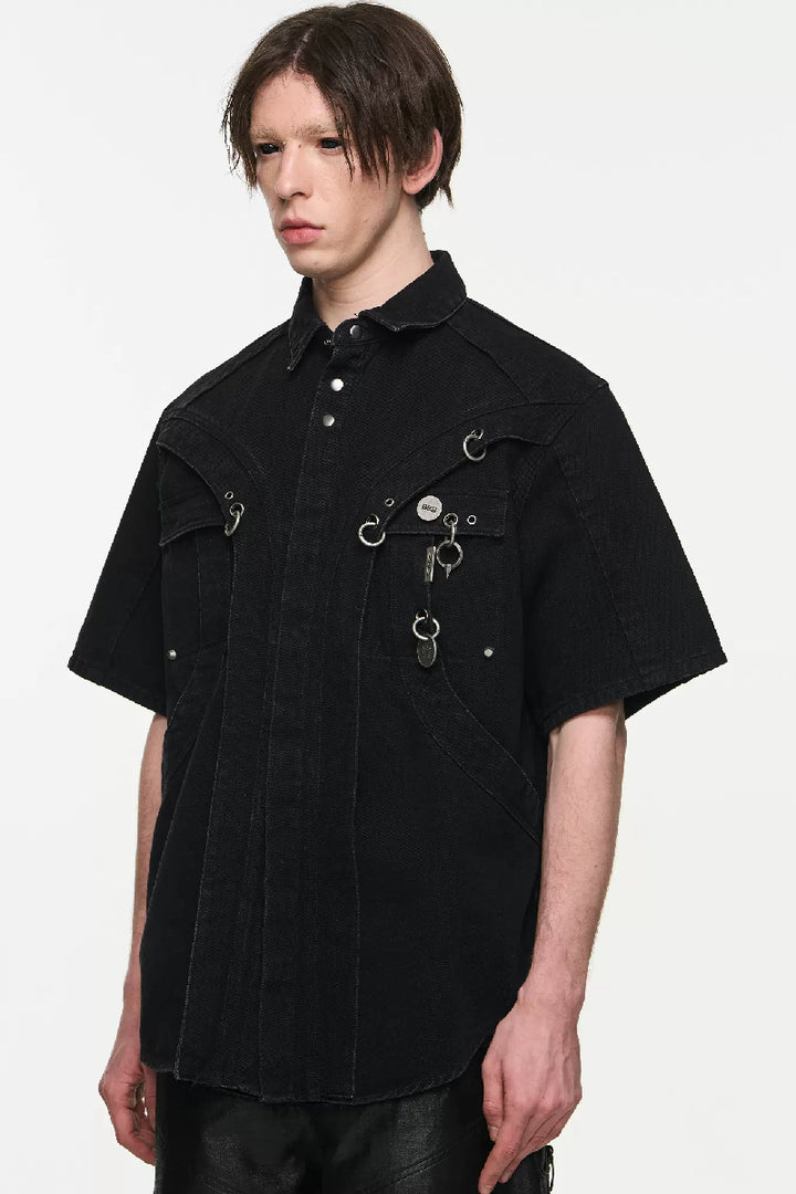 Metal-Trimmed Loose Short Sleeve Shirt