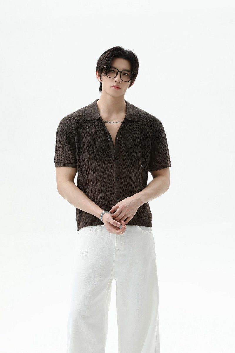 Ombre Wool Knit Polo Cardigan