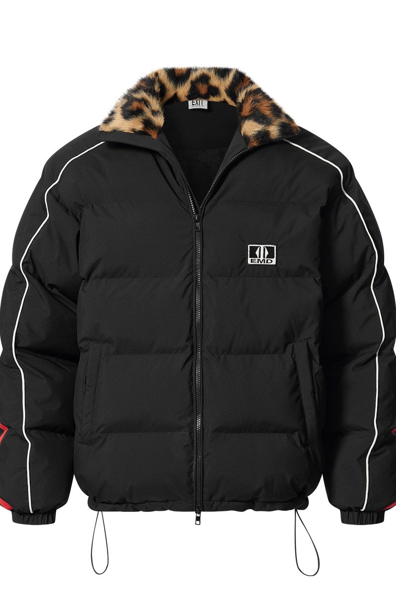 Colorblock Fur Collar Puffer Jacket