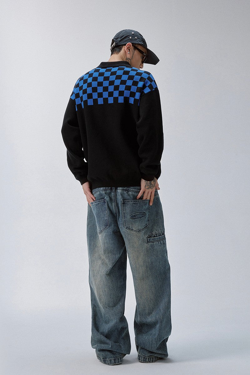 Checkerboard Patchwork Polo Knit Sweater