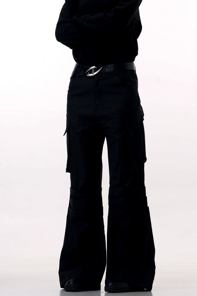 Black Wrinkled Flare Dress Trousers