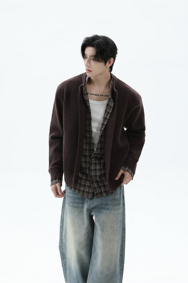 Layered Look Plaid Knit Cardigan