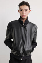 Ribbed Cuff Textured Leather Jacket