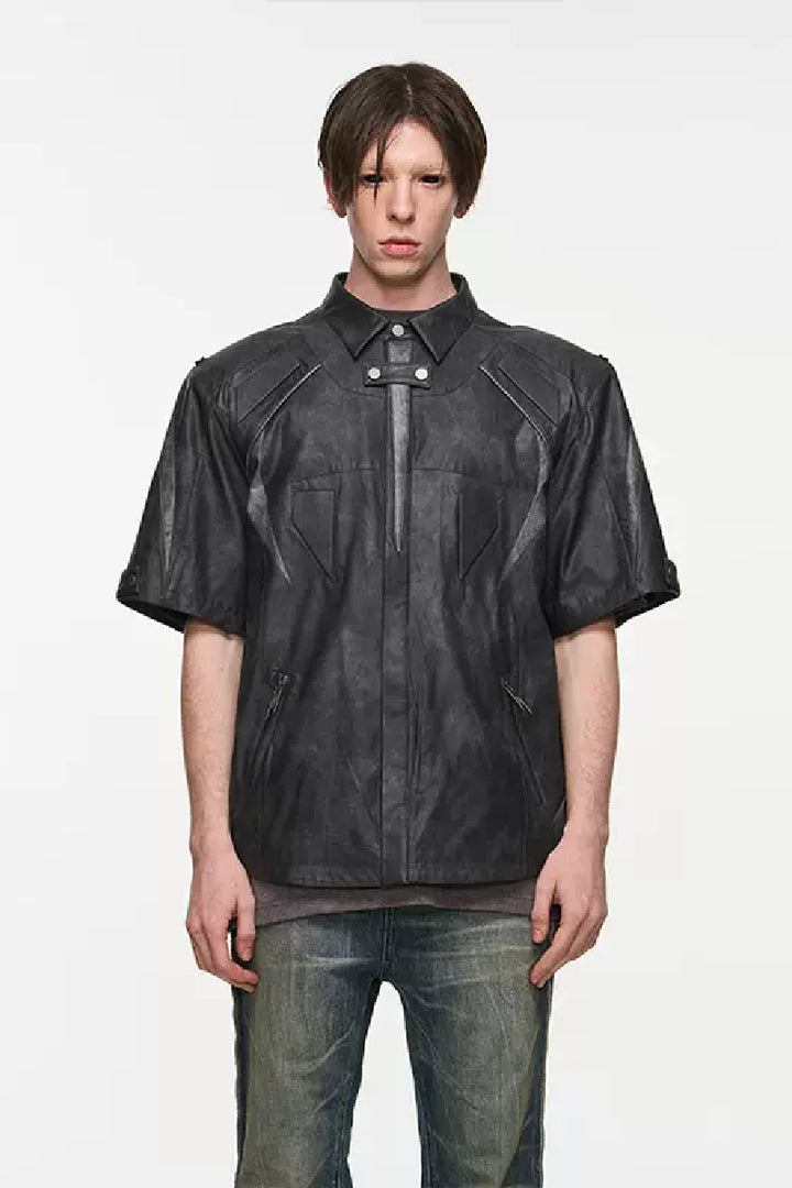 Embossed Patchwork Biker Leather Shirt