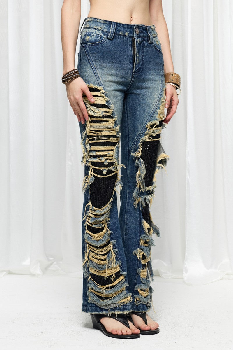 Distressed Sequin Flare Jeans