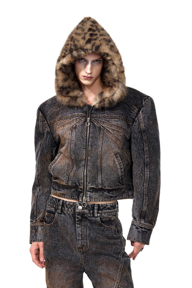 Leopard Faux Fur Denim Hoodie Jacket