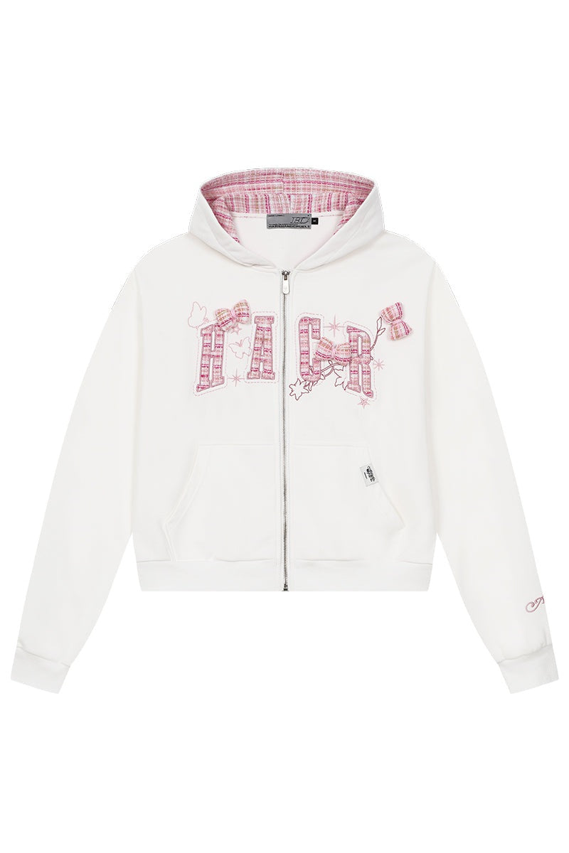 Embroidered Plaid Zip Hoodie