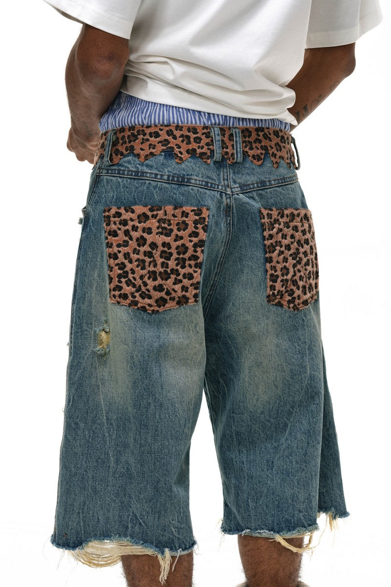 Leopard Patchwork Denim Shorts