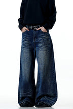 Whiskered Washed Wide-Leg Jeans
