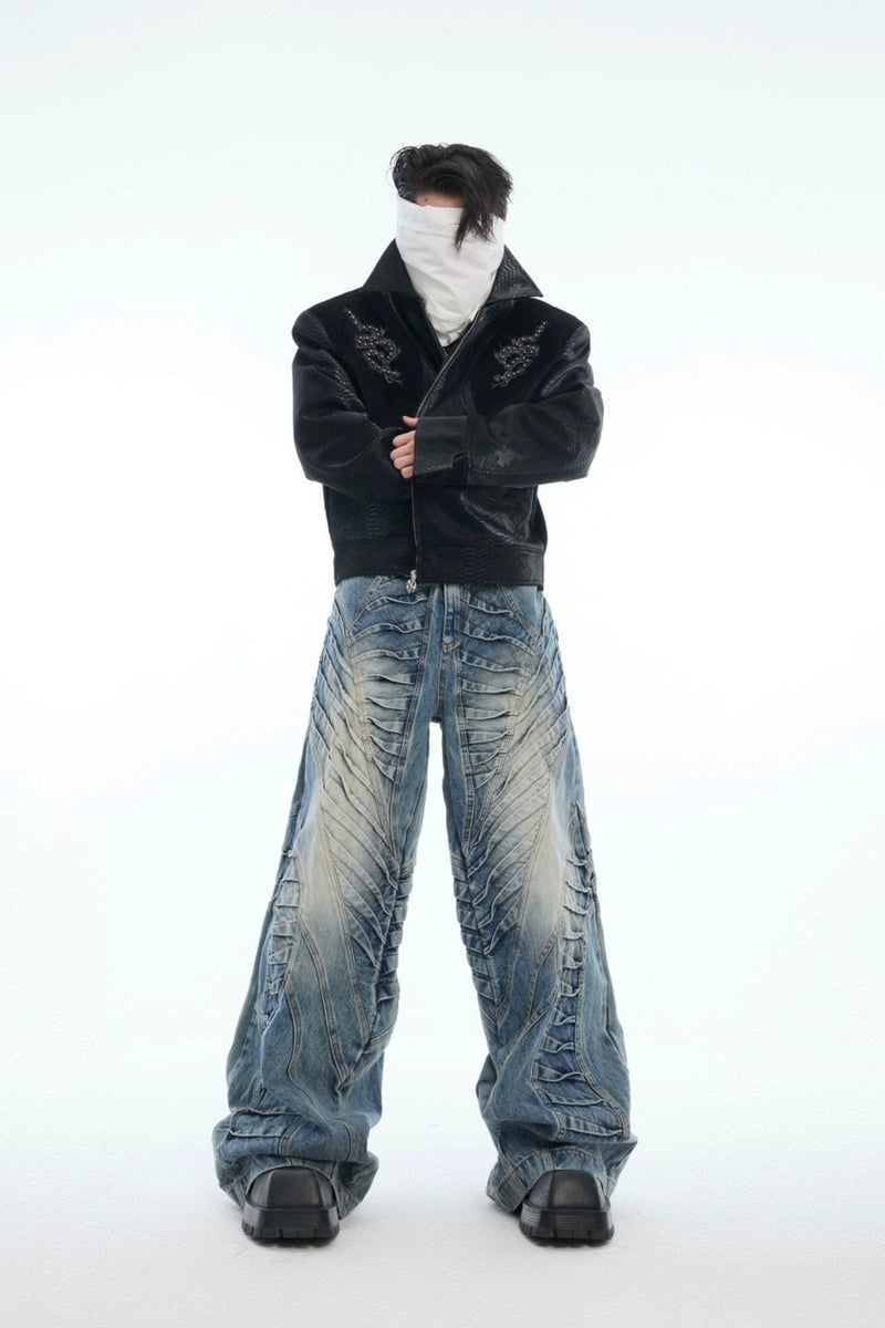 Ruched Wide-Leg Washed Denim Jeans