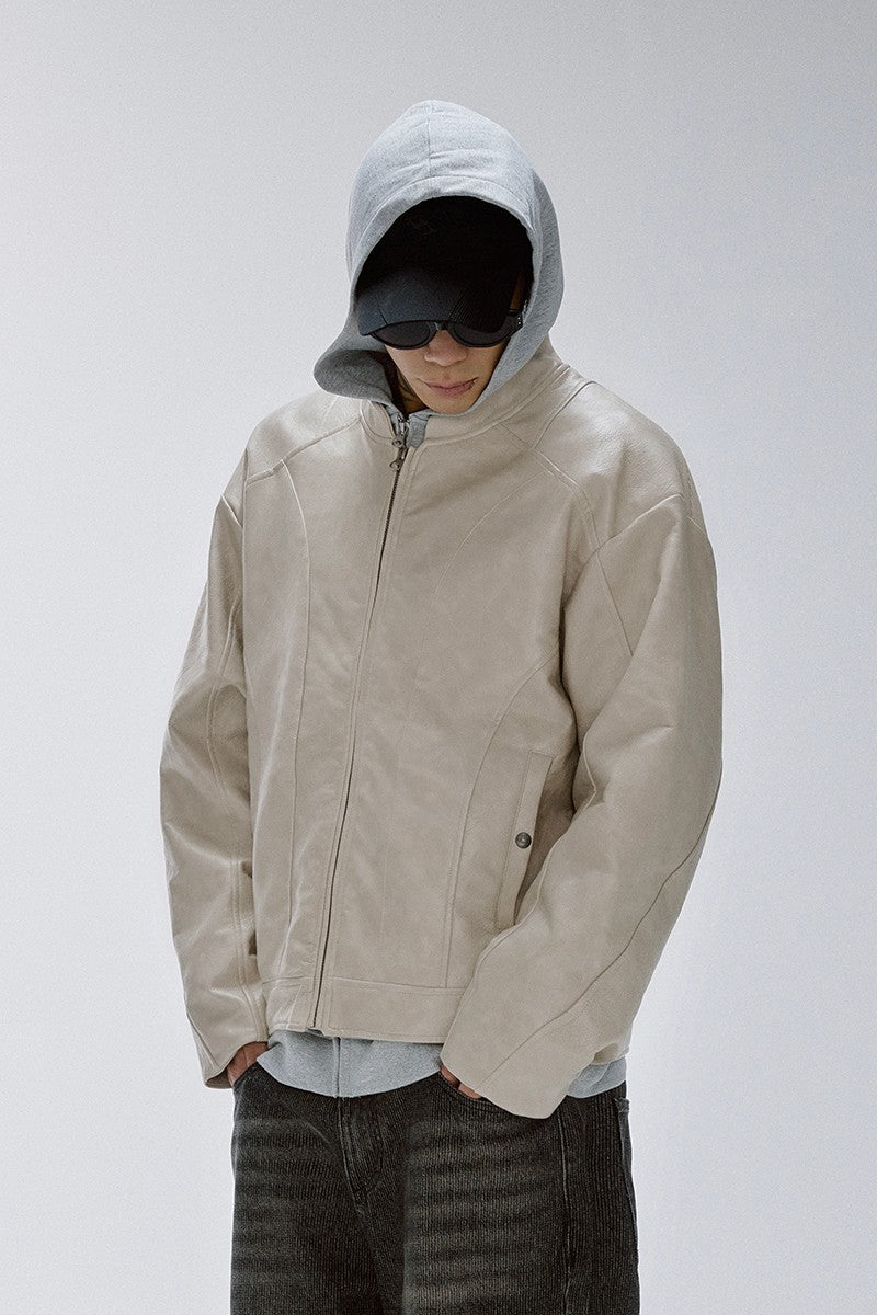 Washed Patchwork Moto Leather Jacket