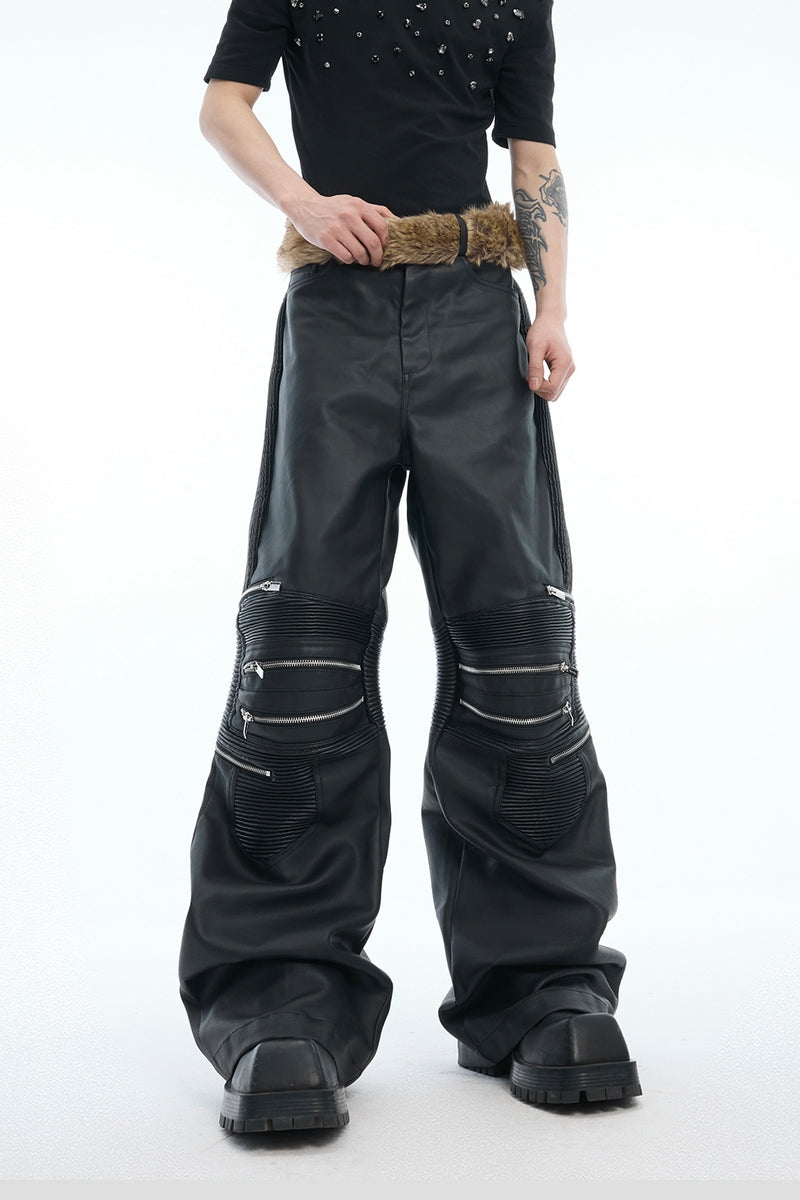 Zipper Panel High-Waist Flared Leather Pants