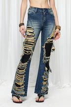 Distressed Sequin Flare Jeans
