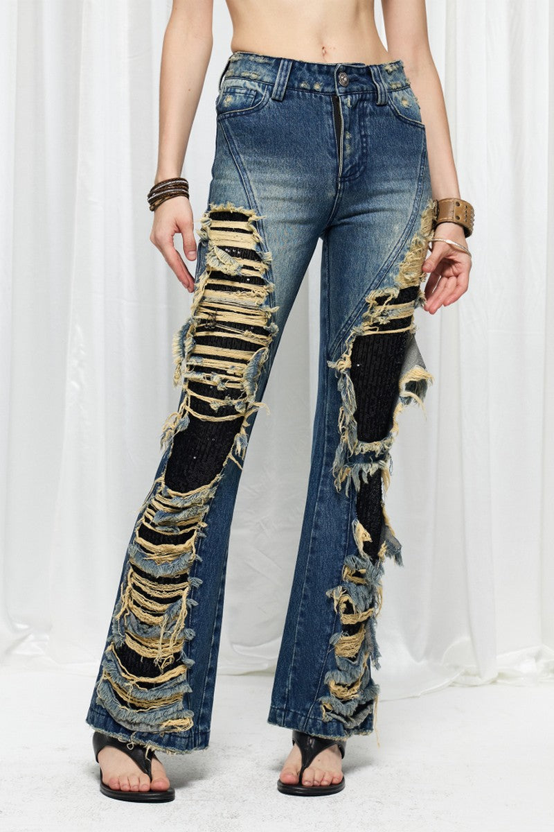 Distressed Sequin Flare Jeans