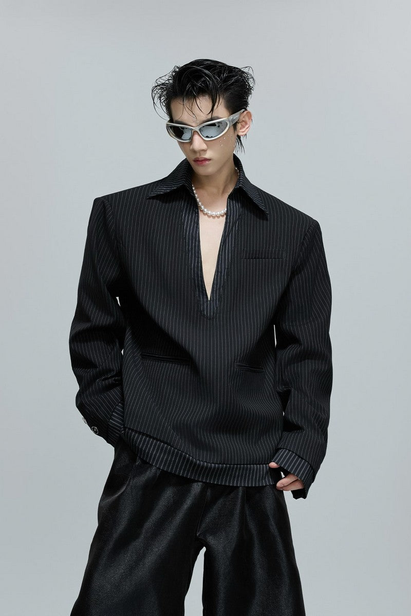 Striped V-Neck Padded Blazer