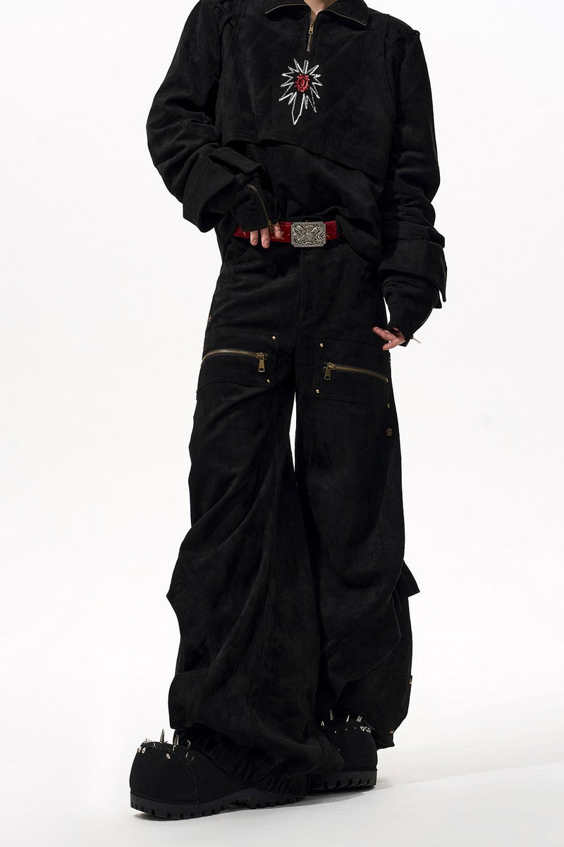 Suede Graffiti Wide Leg Cargo Pants