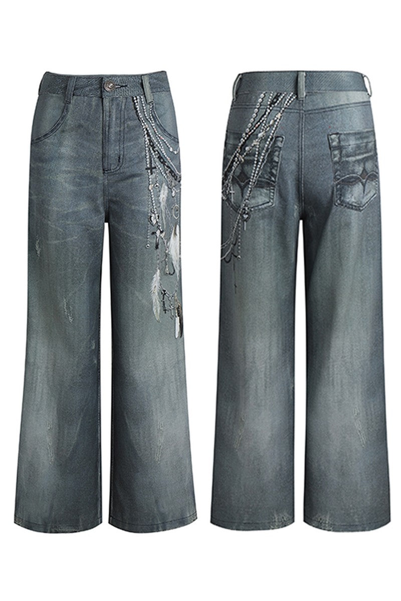 3D Pearl Chain Flared Jeans