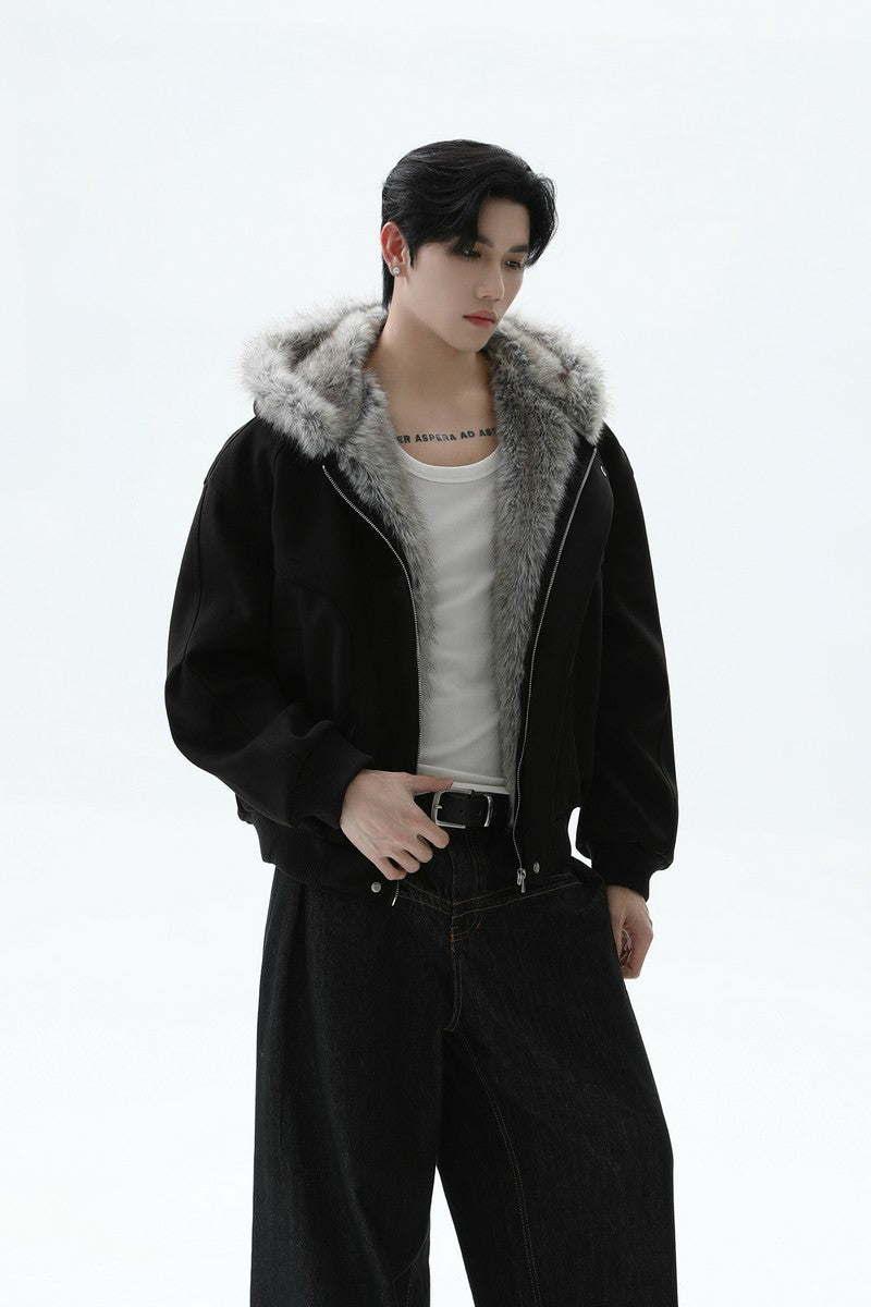 Fur Collar Hooded Bomber Jacket